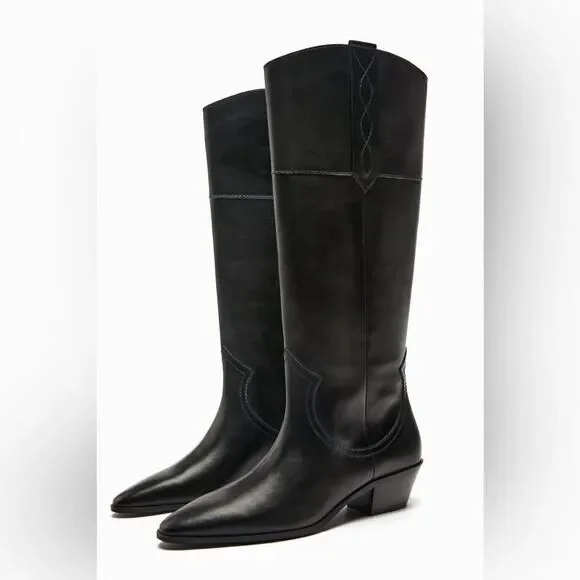 ZARA LEATHER COWBOY BOOTS NEW - Picture 9 of 11